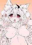  1girl animal_ears blush breasts breath bridal_gauntlets bukkake bust cum dog_ears facial gloves hat heavy_breathing inubashiri_momiji looking_at_viewer md5_mismatch monochrome nipples open_mouth red_eyes solo spot_color tokin_hat tongue touhou transpot_nonoko upper_body 