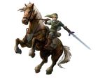  blonde_hair blue_eyes earrings epona fighting_stance gloves hat highres horse jewelry link male male_focus mare_(horse) master_sword nintendo official_art pointy_ears shield sword the_legend_of_zelda weapon 