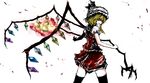 bad_id bad_pixiv_id blonde_hair fan fire flandre_scarlet from_behind gem hat laevatein long_hair looking_at_viewer morise red_eyes solo thighhighs touhou wings 