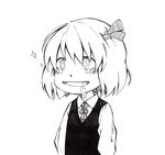  1girl :d ascot bad_id bad_pixiv_id dress_shirt drooling fangs long_sleeves monochrome necktie open_mouth rumia shirt short_hair smile solo takeuma touhou vest 