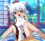  barefoot blush breasts detached_sleeves dr._cryptoso fangs hat highres impossible_clothes impossible_shirt inubashiri_momiji medium_breasts navel open_mouth panties red_eyes shirt short_hair silver_hair sitting skirt socks solo tears tokin_hat touhou underwear white_panties 