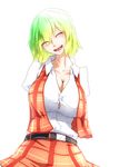  arms_behind_back belt breasts cleavage closed_eyes crying dress_shirt green_hair happy_tears head_tilt highres huge_breasts impossible_clothes impossible_shirt kazami_yuuka open_clothes open_mouth open_vest plaid plaid_skirt plaid_vest red_skirt red_vest shirt short_hair skirt smile solo tears touhou upper_body vest white_background white_shirt yuuki_(yukigeshou_hyouka) 