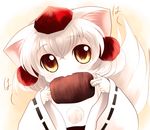  :3 animal_ears boned_meat eating food hat highres inubashiri_momiji meat solo tail tokin_hat touhou upper_body white_hair wide_sleeves wolf_ears wolf_tail yellow_eyes yume_shokunin 