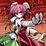  :o armband bandages bun_cover chain cuffs double_bun fighting_stance flower foreshortening hemogurobin_a1c ibaraki_kasen leaf looking_at_viewer open_hand outstretched_arms pink_eyes pink_hair reaching red_background ribbon shackles short_sleeves skirt solo tabard thorns touhou tsurime upper_body 