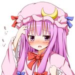 blush bow crescent dress hand_in_hair hat karamoneeze long_hair long_sleeves open_mouth patchouli_knowledge pink_dress purple_eyes purple_hair solo touhou upper_body wide_sleeves 