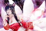  ahri black_hair canine charm cosplay female fox hair humor japanese_clothing kimono league_of_legends looking_at_viewer magic mammal nine_tailed_fox nine_tales solo 