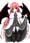  absurdres bat_wings black_legwear crotch_seam head_wings highres koakuma long_hair pandamonium panties panties_under_pantyhose pantyhose red_eyes red_hair shirt skirt skirt_up solo thigh_gap thighband_pantyhose touhou underwear wings 