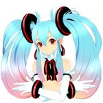  blue_hair bracelet crossed_arms earrings elbow_gloves gloves gradient_hair hatsune_miku hirano_kei jewelry long_hair multicolored_hair red_eyes simple_background solo topless twintails vocaloid white_background 