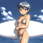  1girl aaaa bikini blue_eyes blue_hair blush breasts bulge cloud futanari highres navel newhalf outdoors penis photoshop saitou_nagisa shinryaku!_ikamusume short_hair sky solo surfboard swimsuit 