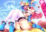 :3 animal_ears bare_shoulders breasts elbow_gloves gloves hat large_breasts long_hair mackey open_mouth pencil pentell pink_hair purple_eyes sitting thighhighs twinkle_star_sprites underboob white_legwear witch_hat x.x 