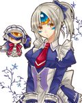  alternate_costume ascot back_bow bow colored_eyelashes corset elsword enmaided eve_(elsword) hair_bow maid mohuta1203 necktie ponytail puffy_sleeves short_hair solo v_arms white_background white_hair yellow_eyes 