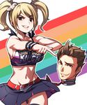  1girl belt blonde_hair breasts brown_hair cheerleader cleavage clothes_writing grey_eyes grin juliet_starling lollipop_chainsaw medium_breasts midriff naso4 navel necktie nick_carlyle pointing rainbow_background severed_head skirt smile twintails wristband 