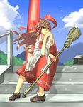  bad_id bad_pixiv_id bare_shoulders bombomb25 bow broom brown_eyes brown_hair detached_sleeves hair_bow hair_tubes hakurei_reimu long_hair sitting sitting_on_stairs solo stairs touhou 