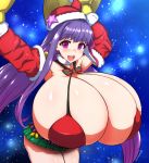  1girl artist_request blush breasts christmas cleavage fate/grand_order fate_(series) female gigantic_breasts hair_between_eyes hair_ribbon hat huge_breasts long_hair looking_at_viewer night passion_lip pink_eyes pink_ribbon purple_hair revealing_clothes ribbon santa_hat shiny shiny_skin skirt sky solo very_long_hair white_background 