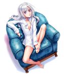  barefoot feet feet_on_chair full_body hands_on_feet kisakinomiya_chihaya long_hair male_focus naked_shirt otoko_no_ko otome_wa_boku_ni_koishiteru otome_wa_boku_ni_koishiteru_futari_no_elder pd_(seripanda) purple_eyes shirt silver_hair sitting solo 