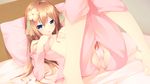  barefoot bed bed_sheet blue_eyes blush breasts brown_hair ciel_nosurge covering covering_breasts flower hair_flower hair_ornament highres ionasal_kkll_preciel long_hair looking_at_viewer lying medium_breasts open_clothes open_mouth open_shirt pajamas panties pillow shirt shokuyou_mogura solo surge_concerto underwear 