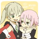  androgynous blonde_hair brown_hair coat copyright_name crona_(soul_eater) cuff_links green_eyes grey_eyes hair_between_eyes hand_on_shoulder looking_at_another maka_albarn makenshi_chrona necktie open_mouth pink_hair short_hair smile soul_eater tears title_drop twintails wink yellow_background yukke 