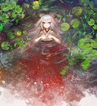  afloat album_cover alternate_costume bow cover duca fujiwara_no_mokou hair_bow hands_on_own_chest japanese_clothes kimono plant red_eyes silver_hair solo tears touhou water 