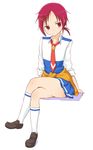  clothes_around_waist crossed_legs hair_ornament hino_akane_(smile_precure!) nagian nanairogaoka_middle_school_uniform necktie ponytail precure red_eyes red_hair school_uniform sitting skirt sleeves_rolled_up smile_precure! solo sweater sweater_around_waist 