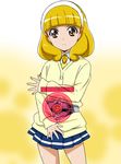  belt blonde_hair copyright_name eyelashes hairband kamen_rider kamen_rider_dcd kamen_rider_decade kise_yayoi looking_at_viewer necktie parody pleated_skirt precure saitoyu00 school_uniform short_hair skirt smile_precure! solo white_hairband yellow_eyes 