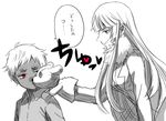  bad_id bad_pixiv_id greyscale hand_puppet johnathan_mar jormungand koko_hekmatyar long_hair monochrome puppet red_eyes routo smile spot_color stuffed_animal stuffed_toy translated white_hair 