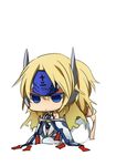  2girl 2girls arc_system_works bare_shoulders blazblue blonde_hair blue_eyes chibi dress long_hair mu-12 multiple_girls pixiv_manga_sample saya_(blazblue) six_(fnrptal1010) white_background 