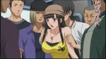  1girl animated animated_gif assisted_exposure black_hair blush bouncing_breasts breasts crimson_girls_chikan_shihai embarrassed flashing jewelry kuroha_mitsu long_hair lowres multiple_boys necklace nipples open_mouth pendant surprised tank_top tanktop train undressing 