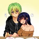  1boy 1girl bad_id bad_pixiv_id bare_shoulders black_hair blush book breasts cleavage closed_eyes couple crayon drooling green_hair hetero hood hoodie jinguu_shion kamihara_ichi leaning_on_person looking_at_another medium_breasts natsu_hotaru open_mouth original paper red_eyes ribbed_sweater short_hair simple_background sleeping sweater table zzz 
