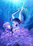  bad_id bad_pixiv_id bare_legs barefoot bubble cherry_blossoms dolphin freediving green_eyes hair_ornament long_hair looking_at_viewer original purple_hair school_uniform shounen_democratica skull_hair_ornament solo swimming underwater 