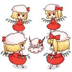  arms_up bat_wings batta_(ijigen_debris) blonde_hair blue_hair chibi clone cowering flandre_scarlet four_of_a_kind_(touhou) from_behind hands_on_headwear hat hat_ribbon looking_at_another multiple_girls necktie open_mouth red_eyes remilia_scarlet ribbon shadow short_hair side_ponytail simple_background skirt touhou vest white_background wings yandere 
