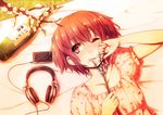  ;q alcohol bottle cellphone digital_media_player flower from_above headphones headphones_removed iphone lying nuko-d on_back one_eye_closed original petals phone plum_blossoms red red_hair sake_bottle short_hair smartphone solo tongue tongue_out wine 