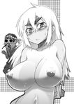  1girl blood blush breasts character_request eyebrows greyscale headband highres hitotose_rin huge_breasts long_hair monochrome navel nipples nosebleed nude shiinake_no_hitobito sweat thick_eyebrows 