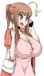  1girl ahoge breasts brown_eyes brown_hair dress female highres huge_breasts maru_(maruttona) maruttona minoru_oba open_mouth original phone phoning ponytail simple_background solo standing telephone white_background 
