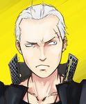  bad_id bad_pixiv_id delinquent ear_piercing earrings frown grey_eyes hair_slicked_back jacket jacket_on_shoulders jewelry looking_away male_focus necklace onizo persona persona_4 piercing scar solo tatsumi_kanji white_hair widow's_peak 