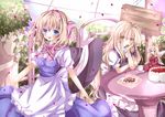  :d alice_margatroid bad_id bad_pixiv_id blonde_hair blue_eyes blush bow cake chin_rest cookie cup dress flower food hairband hat hat_removed headwear_removed hourai_doll kirisame_marisa long_hair looking_at_viewer mouth_hold multiple_girls nanase_nao open_mouth petals plate short_hair sitting smile table touhou wind wings witch_hat yellow_eyes 