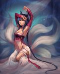  ahri animal_ears armpits arms_up black_hair breasts cleavage dansearl facial_mark fingernails fox_ears highres korean_clothes league_of_legends long_hair looking_at_viewer medium_breasts midriff multiple_tails navel open_mouth sharp_fingernails sitting solo tail very_long_hair whisker_markings yellow_eyes yokozuwari 