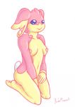  2011 audino big_ears blue_eyes breasts cute female nipples pink plain_background pok&eacute;mon ratbutts sitting smile solo white_background yellow 