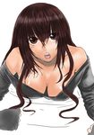  bad_id bad_pixiv_id bare_shoulders breasts brown_eyes brown_hair cleavage downblouse highres large_breasts long_hair looking_at_viewer no_bra open_mouth original sayamai_miyabi sleeves_past_wrists solo sweater 