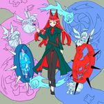  animal_ears casual cat_ears chamaruku eyepatch hair_down kaenbyou_rin long_hair multiple_girls multiple_tails red_eyes red_hair skull smile tail touhou trench_coat wheel zombie_fairy 
