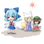  &gt;_&lt; animal_ears blonde_hair blue_dress blue_hair blush_stickers bobby_socks bow brown_hair cat_ears cat_tail chen chibi cirno closed_eyes dress eating fang fox_tail hair_bow hands_on_hips hat highres jewelry kneeling long_sleeves multiple_girls multiple_tails mundane_utility nyifu o_o open_mouth shadow short_hair short_sleeves simple_background single_earring skirt socks standing sun sweat tabard tail tongue touhou vest white_background yakumo_ran 