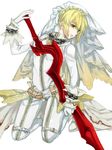  aestus_estus ahoge blonde_hair bodysuit chain fate/extra fate/extra_ccc fate_(series) gloves green_eyes lock nero_claudius_(bride)_(fate) nero_claudius_(fate)_(all) padlock solo sword tsuneaki_(dosnan) veil weapon 