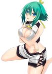  aquarion_(series) aquarion_evol barefoot blue_eyes blush breast_hold breasts cleavage cleavage_cutout green_hair groin hair_ribbon large_breasts midriff navel no_panties ribbon sayamai_miyabi short_hair shorts sitting solo wariza zessica_wong 