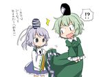  /\/\/\ 2girls :o blush_stickers d: detached_sleeves dress embarrassed frilled_sleeves frills green_dress green_hair grey_hair hat japanese_clothes kariginu long_sleeves looking_back mononobe_no_futo multiple_girls open_mouth ponytail simple_background skirt skirt_lift soga_no_tojiko tate_eboshi touhou translated v-shaped_eyebrows v_arms white_background wide_sleeves yamabuki_(yusuraume) 