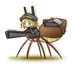  1girl blue_eyes concave extra_eyes gun hat heterochromia insect_girl monster_girl multiple_eyes simple_background solo spider spider_girl weapon white_background yellow_eyes 