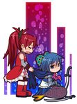  aka-kabuto_no_gema blue_eyes blue_hair boots cape closed_eyes dress fang hair_ribbon long_hair magical_girl mahou_shoujo_madoka_magica mermaid miki_sayaka monster_girl monsterification multiple_girls oktavia_von_seckendorff open_mouth ponytail red_dress red_hair ribbon sakura_kyouko short_hair sitting spoilers standing sword tears weapon 