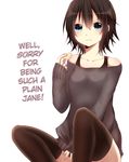  1girl black_hair blue_eyes blush brown_legwear hard_translated highres jimiko_(yamasuta) looking_at_viewer original potato_chips sitting solo sweater thighhighs translated white_background yamasuta 