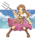  apron blue_eyes boots brown_hair character_name cross-laced_footwear knee_boots lace-up_boots long_hair long_skirt malon neckerchief pitchfork pointy_ears skirt solo the_legend_of_zelda the_legend_of_zelda:_ocarina_of_time yoya_torisan 