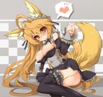  animal_ears arm_support ass black_legwear blonde_hair blush breasts cleavage detached_sleeves dress fox_ears fox_tail frills heart large_breasts long_hair maid orange_eyes original sasamashin simple_background sitting smile solo tail thighhighs very_long_hair 