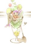  1girl aquarion_(series) aquarion_evol blonde_hair blush coat dorayan dress food fruit gradient_hair hair_ornament hair_over_one_eye ice_cream jin_musou multicolored_hair orange_hair parfait purple_hair short_hair spoon yunoha_thrul 