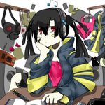 black_hair gas_mask headphone_actor_(vocaloid) red_eyes solo vocaloid 